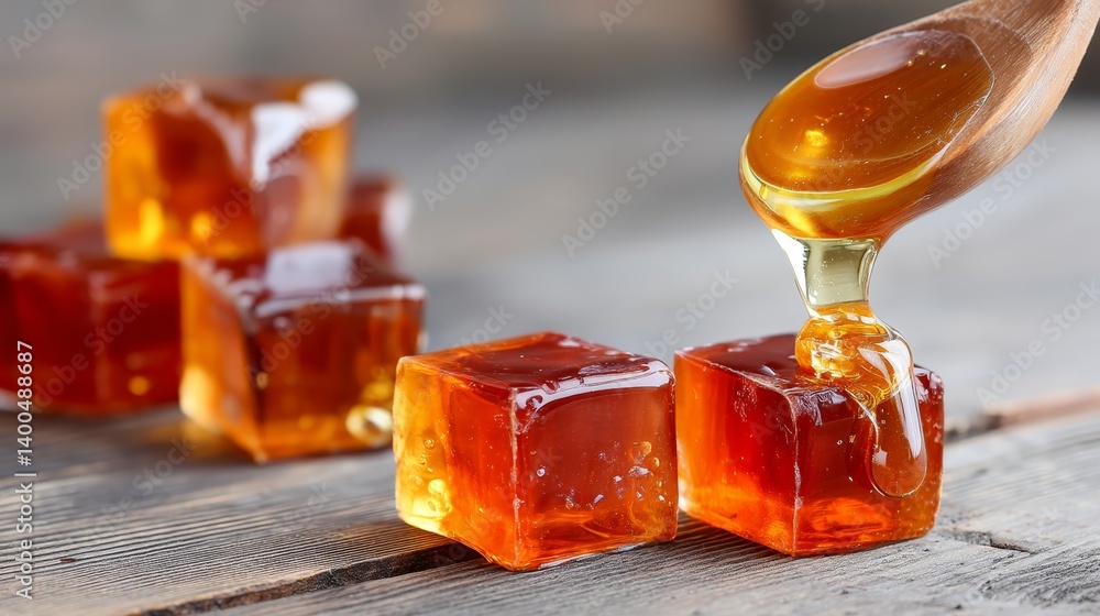 Poster golden honey elegantly drips over chewy toffees placed on a rustic wooden surface, creating a sweet 