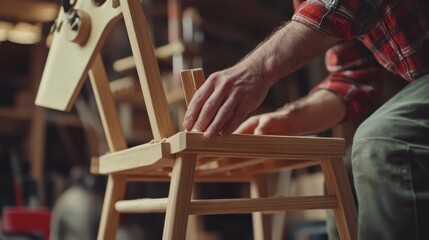 Obraz premium Carpenter assembling a wooden chair frame. Featuring skill and precision
