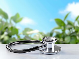 Chrome Stethoscope on Gray Surface with Green Foliage and Blue Sky Background