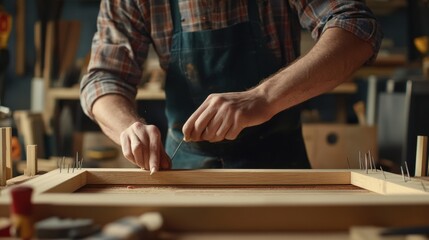 Carpenter assembling a wooden frame for a custom door. Featuring focus and detail