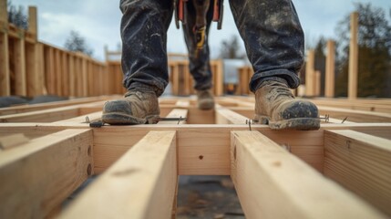 Carpenter assembling a wooden frame for a new house construction. Featuring craftsmanship and precision