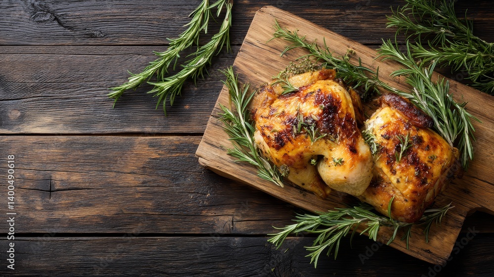 Poster golden roasted chicken rests on a weathered oak plank, surrounded by fresh rosemary, illuminated by 