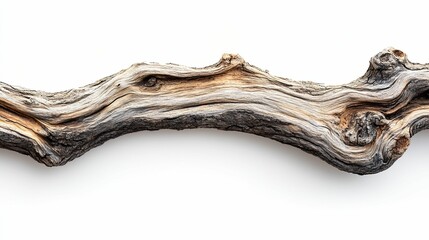 Intricate wood grain of a weathered, curved branch against a white background.