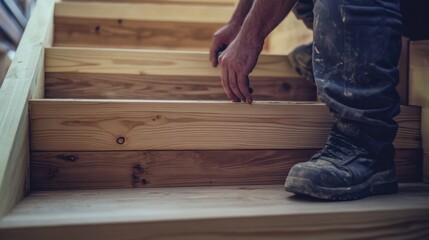 Carpenter assembling a wooden staircase. Featuring craftsmanship and design