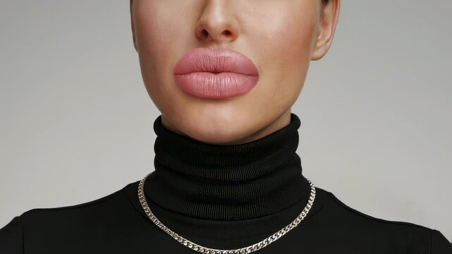Woman with dramatic full lips and silver chain in a black turtleneck video footage. Female fashion model in studio clip for beauty and lifestyle content.