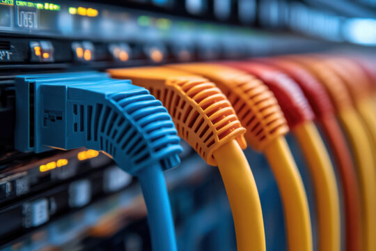 Network cables connect various servers in a server room, creating a web of connectivity and data transfer.