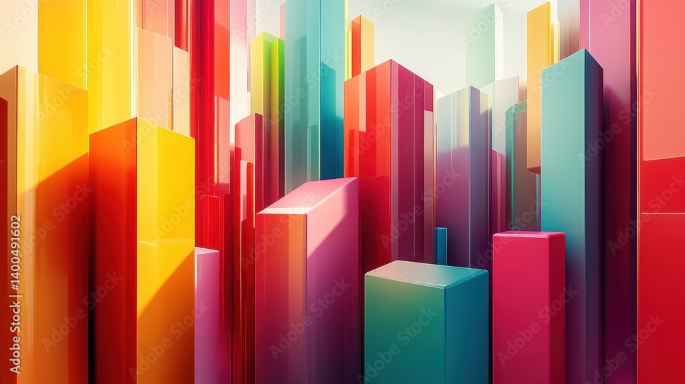 Poster vibrant geometric cityscape filled with colorful skyscrapers displaying a mix of bright hues and sle