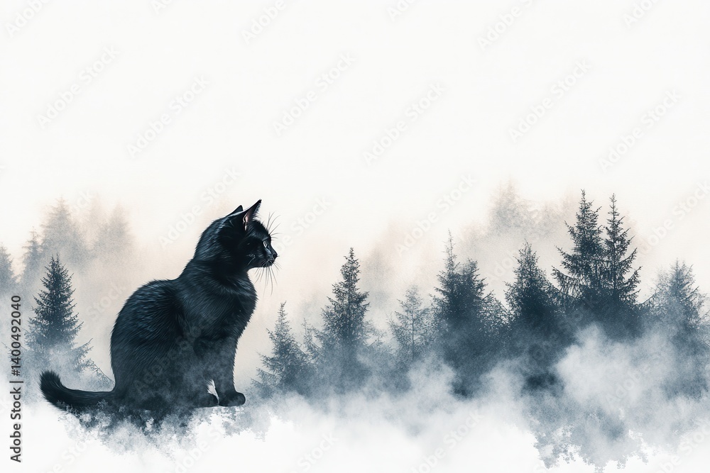 Poster black cat sitting in front of a misty forest landscape during early morning light, creating a myster