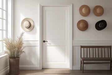 Bright, simple hallway with a touch of rustic charm.  Wooden entryway bench, straw hats, and pampas grass