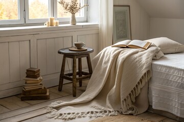 Rustic Stool with Coffee and Book in a Warm Cozy Bedroom


