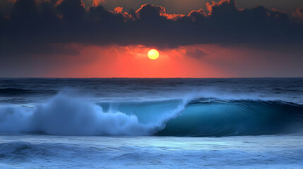 Obraz premium Dramatic Seascape View with Blue Wave Splashing at Twilight as the Sun Sets over the Horizon Featuring Intense Golden and Orange Hues