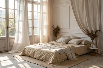 Sunlit Cozy Bedroom with Dried Flowers and Beige Linen Bedding
