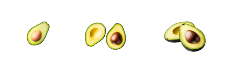 Avocado halves with pits displayed on a transparent background