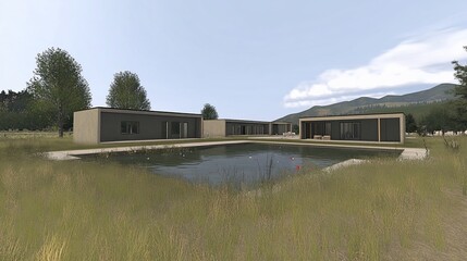 Obraz premium Modern Minimalist Lakeside Houses Architectural Rendering