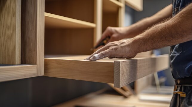 Carpenter building custom cabinets in a kitchen. Featuring craftsmanship and attention to detail