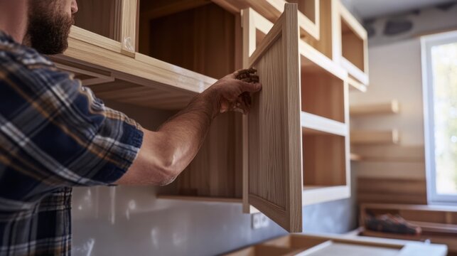 Carpenter building custom cabinets in a kitchen. Featuring craftsmanship and attention to detail
