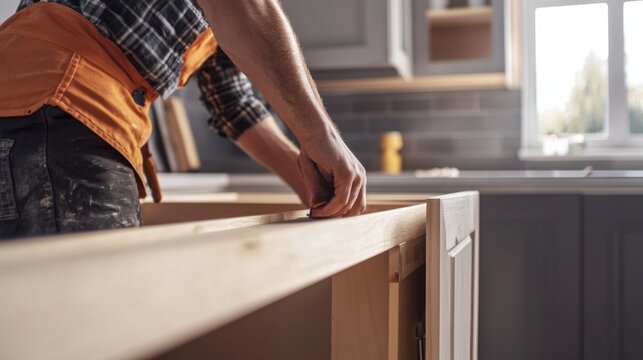 Carpenter building custom cabinets in a kitchen. Featuring craftsmanship and attention to detail
