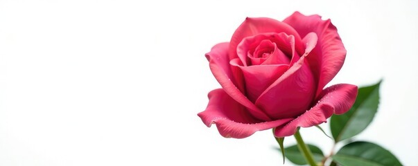 Fototapeta premium Single rose bloom with dew drops on a white background isolated, rose, blossom, botanical