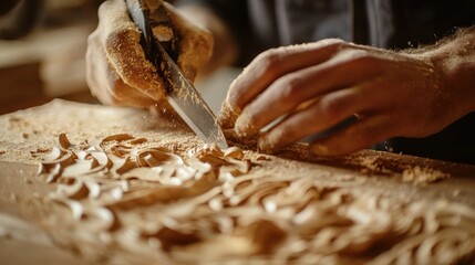 Carpenter cutting intricate wood designs for custom furniture. Featuring precision and artistry