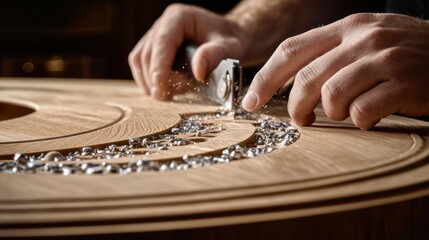 Obraz premium Carpenter cutting wood for a custom cabinet. Featuring craftsmanship and precision