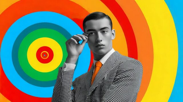 Colorful Retro Collage Featuring a Young Man in a Stylish Suit Generative AI