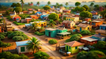 Fototapeta premium Gambia Neighborhood Relief: Vibrant Homes & Lush Greenery - Tilt-Shift Photography