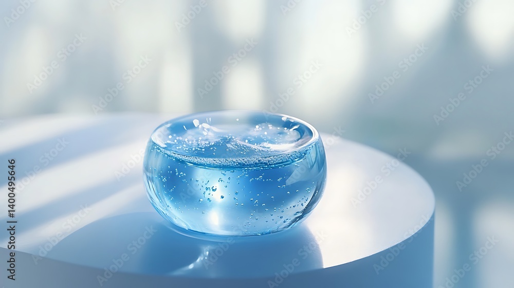 Poster serene blue gel sphere resting on a smooth surface with soft, diffused light creating a tranquil atm