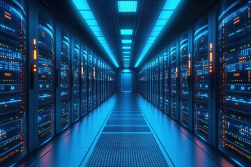 Futuristic Server Room with Blue Lights and Modern Technology
