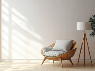 Minimalist Scandinavian Interior with Mid-Century Modern Armchair and Wooden Floor Lamp