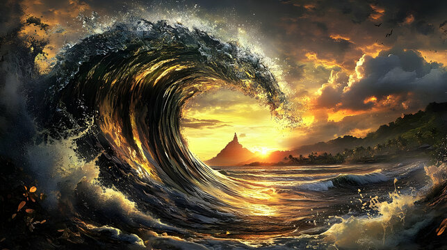 Dramatic Seascape with Towering Wave and Glowing Sunset Reflecting on Sea with Island and Mountain View Pixelated