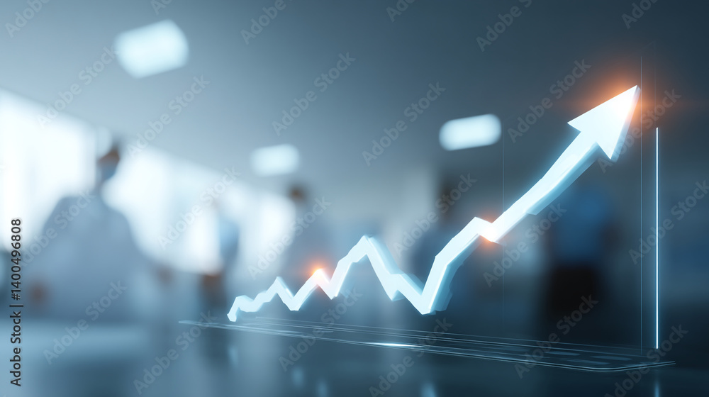 Poster a glowing upward trend line with an arrow pointing up in a blurred office environment setting