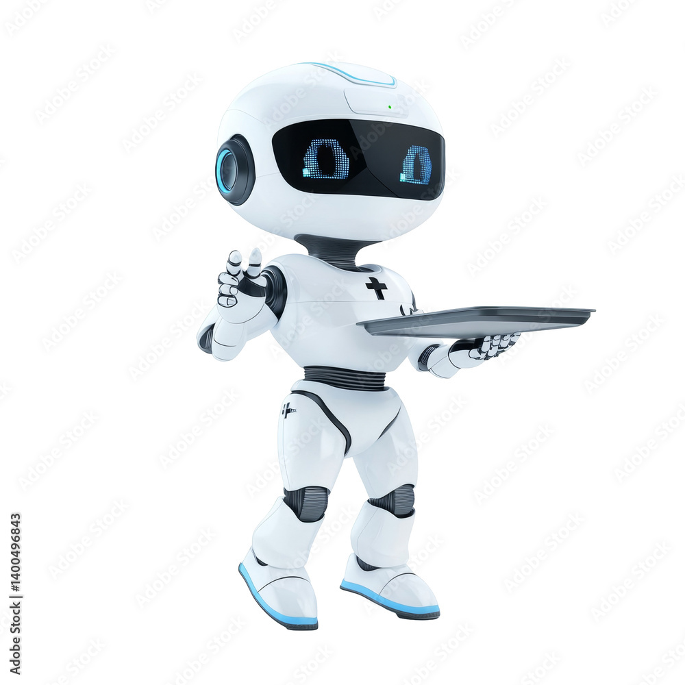 Aufkleber humanoid robot holding tray with smile in futuristic design for service and assistance tasks