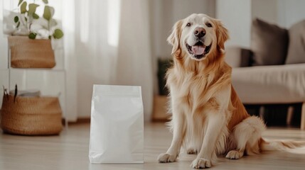 Happy golden retriever dog sitting indoors next to a plain white packaging bag, perfect for pet food or treat branding mockups.