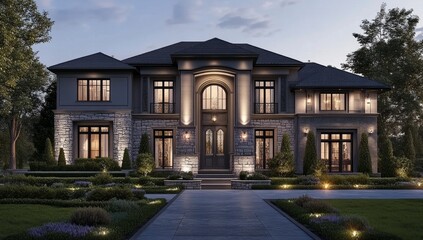 Grand estate home at twilight.  Luxury residence with stone facade, elegant architecture, and well-manicured landscaping