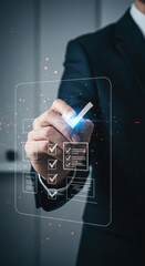 Digital Checklist: Businessman Completes Tasks with Virtual Tick Marks | Productivity, Efficiency & Success