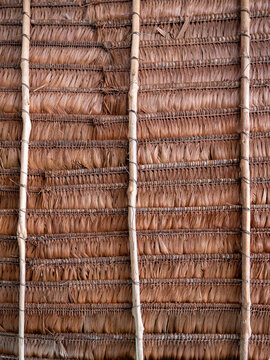 The thatched roof construction of a Maloca from the inside at an indigenous Ticuna tribe.