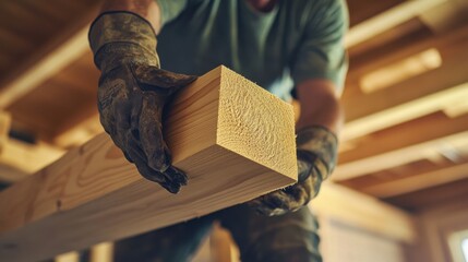 Carpenter installing a wooden beam for ceiling support. Featuring strength and precision