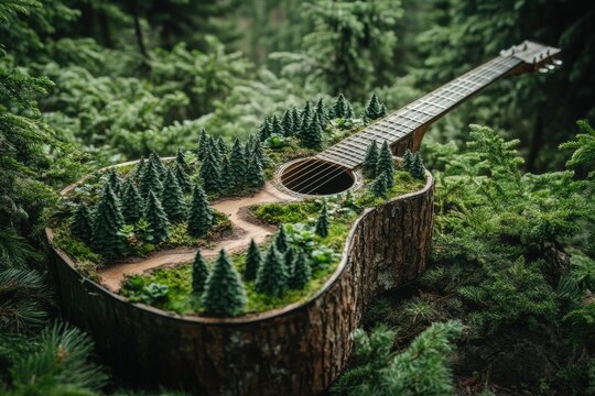 Creative guitar case designed as a forest trail leading to a peak, blending music and nature in a unique way for outdoor enthusiasts