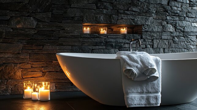 Indulging in tranquility beside a modern freestanding bathtub with fluffy towels and illuminated candles in a luxurious spa atmosphere - Powered by Adobe