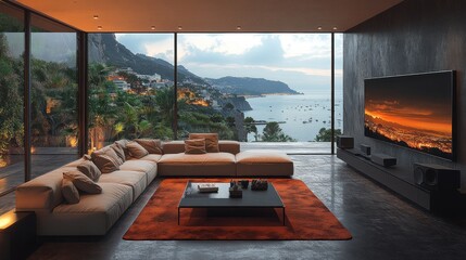 Fototapeta premium Luxury Coastal Living Room with Panoramic Ocean View and Home Theater