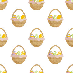 Seamless pattern with basket filled with Easter eggs. Vector background of Easter celebration. Spring illustration.