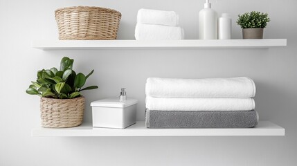 Elevating minimal bathroom organization with neatly folded towels and stylish storage boxes on curated white floating shelves