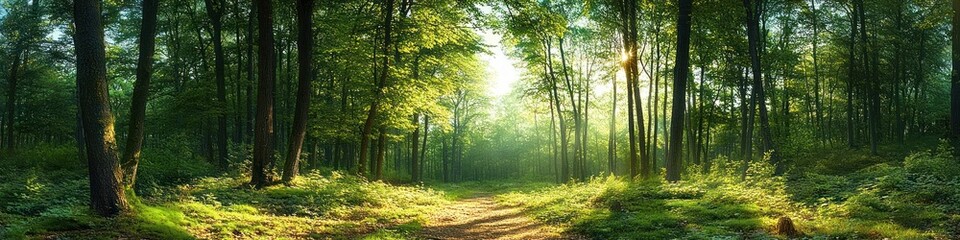 Obraz premium Serene Forest Pathway with Sunlight Filtering Through Trees in a Tranquil Natural Setting