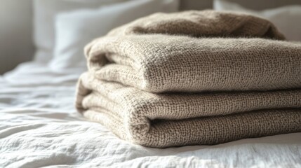Folded woolen blankets create a serene atmosphere on soft linen bedding in neutral earth tones, inviting warmth and comfort