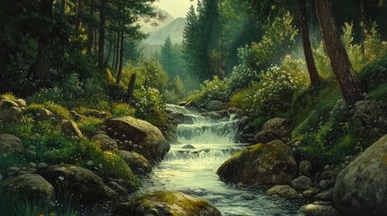 Fototapeta premium Serene Mountain Stream Cascading Through Lush Forest Landscape Capture