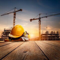 Generated imA busy construction site with workers wearing yellow safety helmets and reflective vests, operating heavy machinery like excavators and cranes. Steel beams and concrete structures risinage