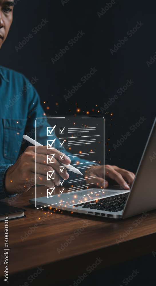 Poster digital checklist: man completing tasks on laptop with pen - efficiency, productivity, and online wo