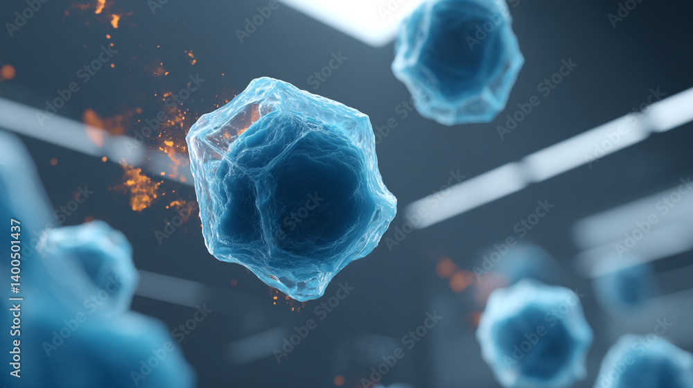 Poster a close up shot of several blue cells with orange particles floating around them in a dark backgroun
