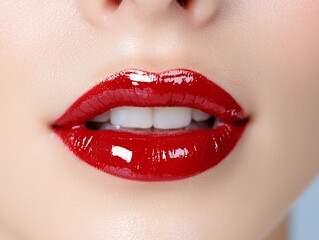 Fototapeta premium Close up of Woman's Mouth with Red Glossy Lipstick and Sparkling Skin