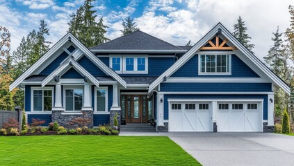 Modern, stylish, two-story home with a deep blue exterior and white trim, nestled in a landscape with trees.  Features include large windows, a covered front porch, and double garage